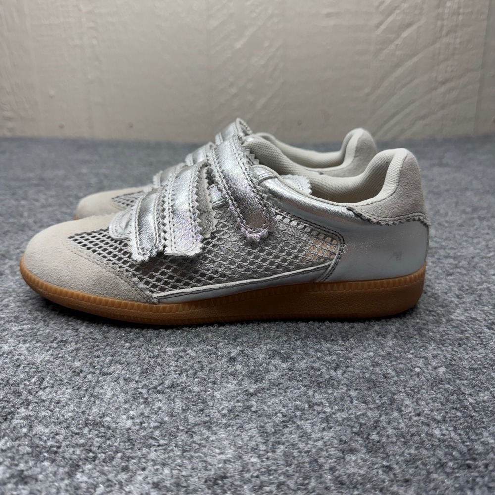 Silent D Womens Silver Metallic Mesh Triple Strap Gum Sole Sneakers Retro Shoes - Picture 2 of 9
